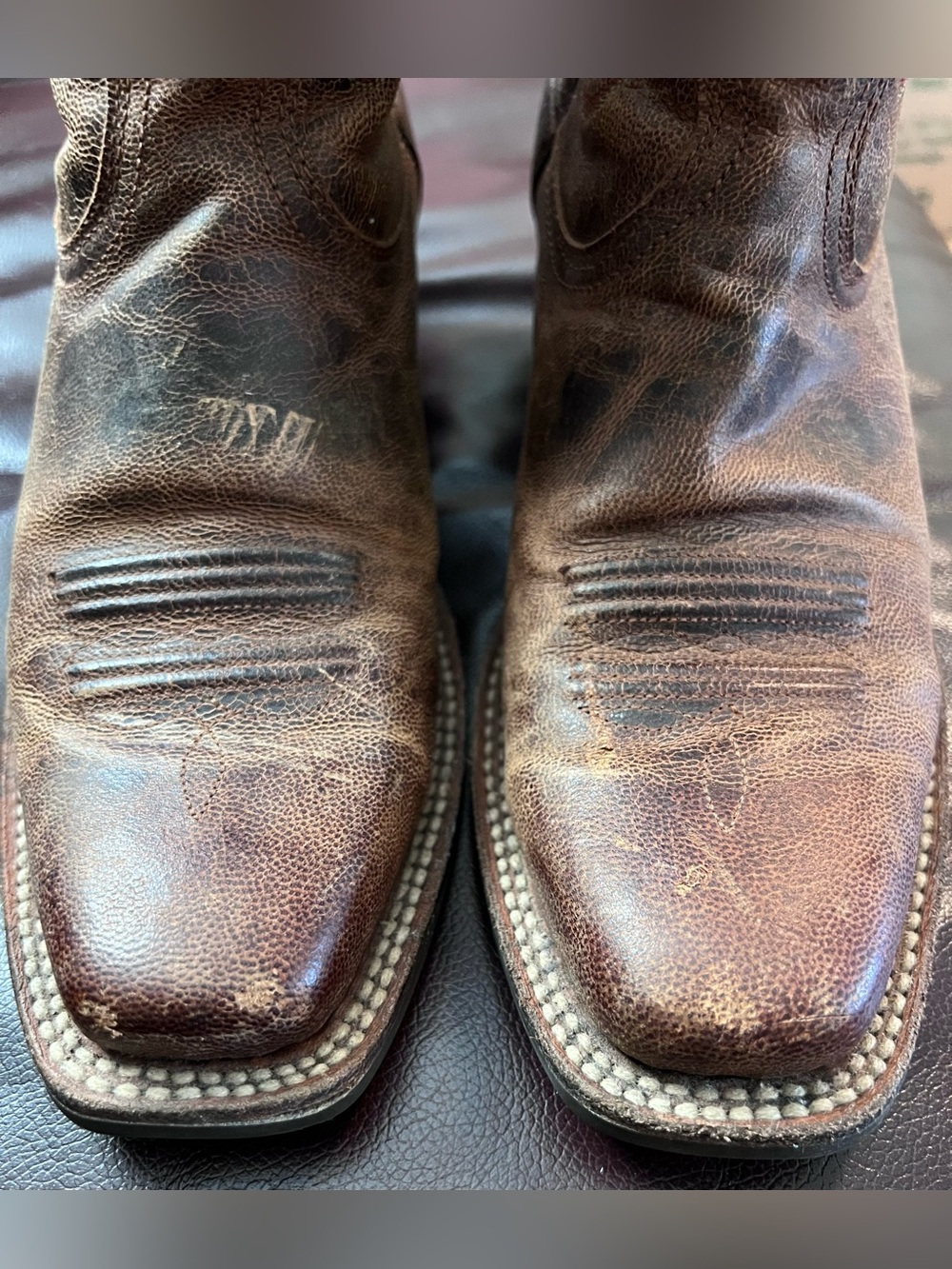 Ariat cowgirl boots size 7B women’s brown leather square toe with red stitching - Picture 2 of 12